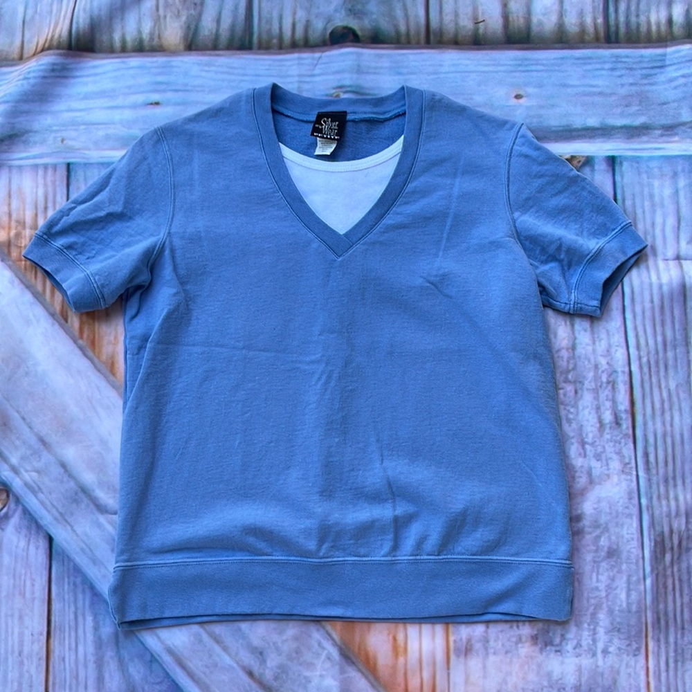 Vintage Y2K 90s Mom Shirt Tee Top Blue White Layered Look Silver Wear Petite Sm